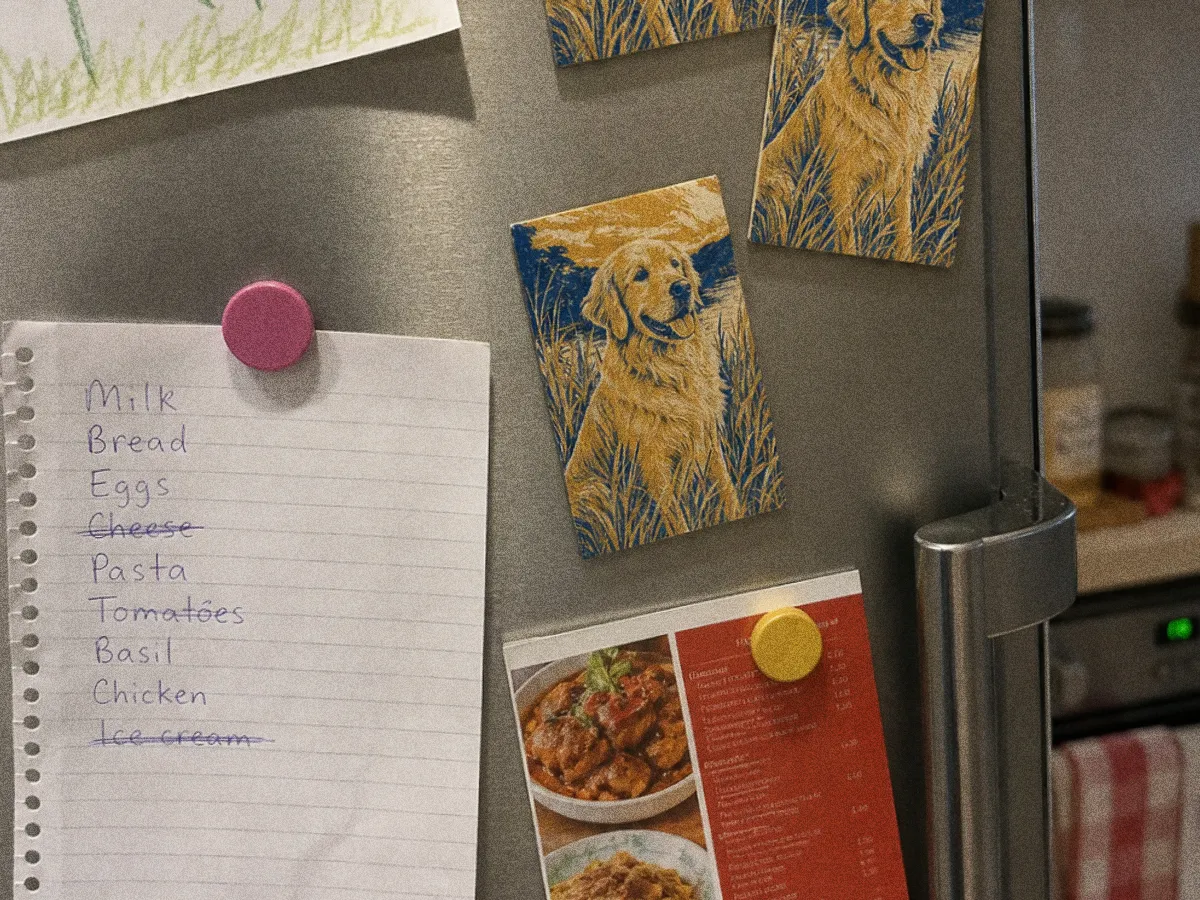 Illustrative mockup of magnets on a fridge