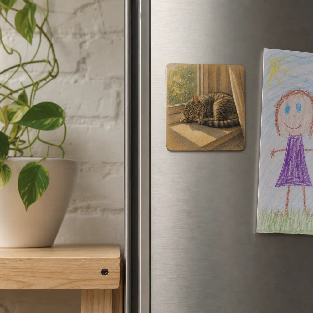 Illustrative mockup: Mabel, Asleep as a fridge magnet